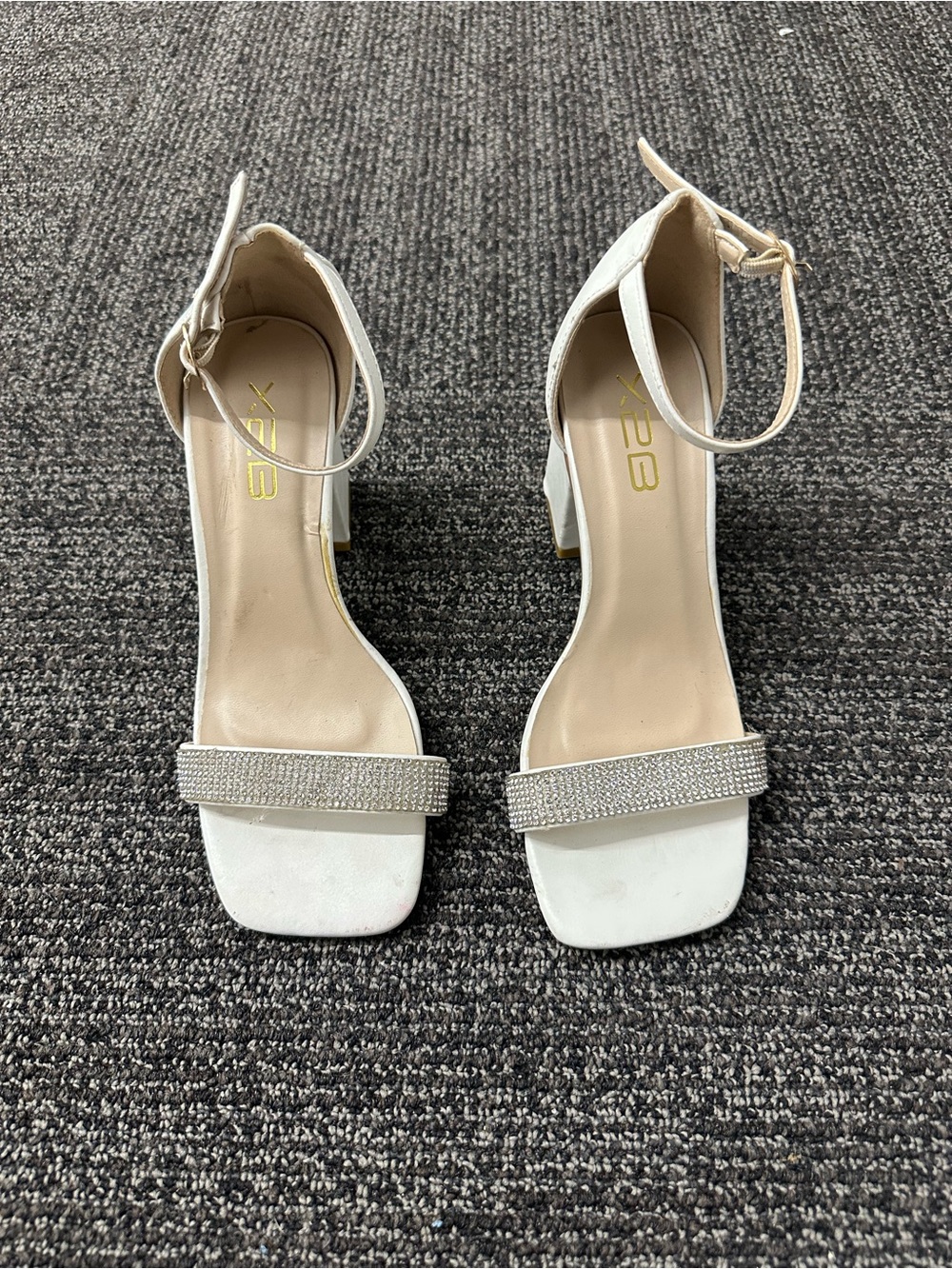 X2B Women’s White Ankle Strap Rhinestone Buckle Square Toe Strappy Heels 6